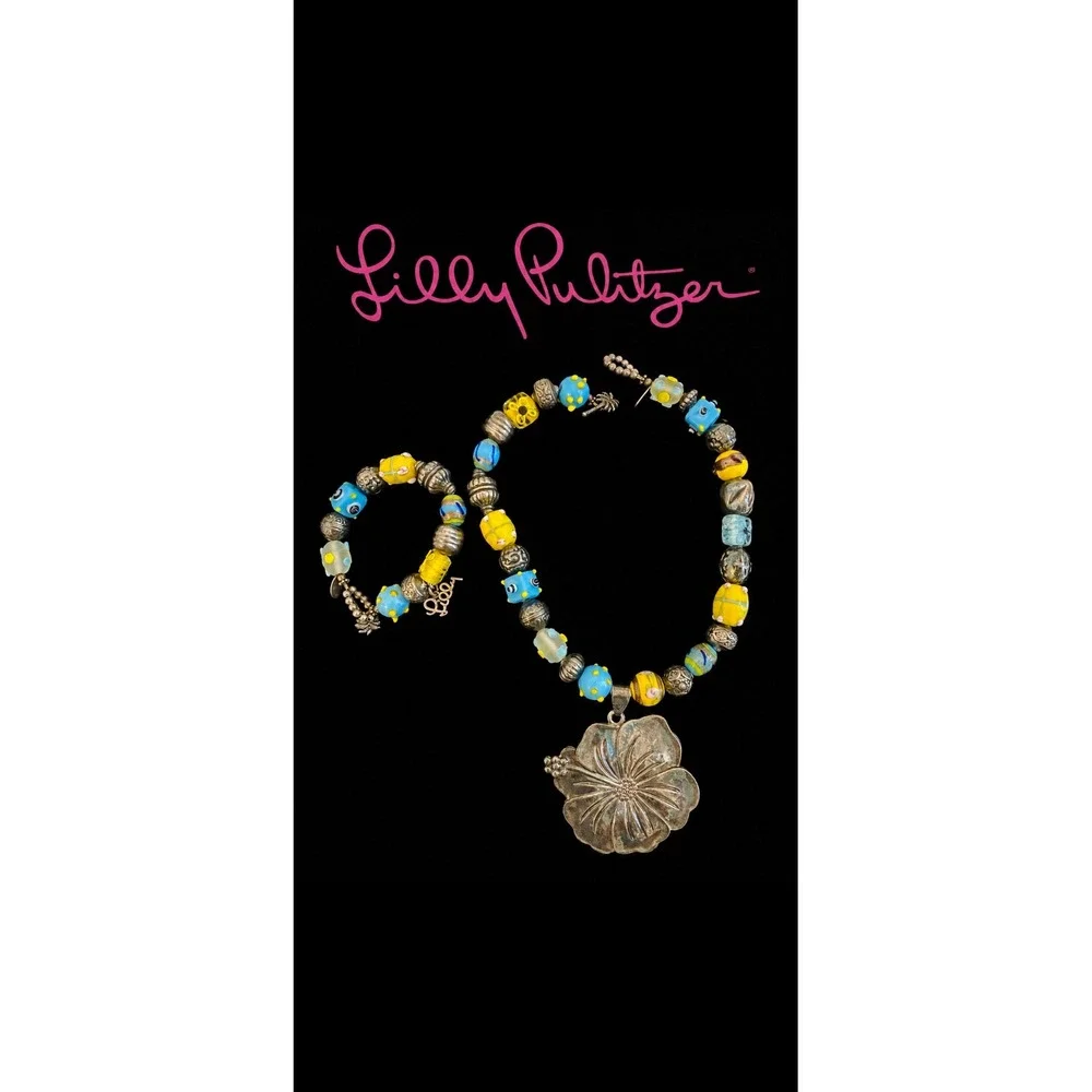 Lilly Pulitzer 925 silver Hibiscus Flower Pendant Necklace glass Beaded Bracele